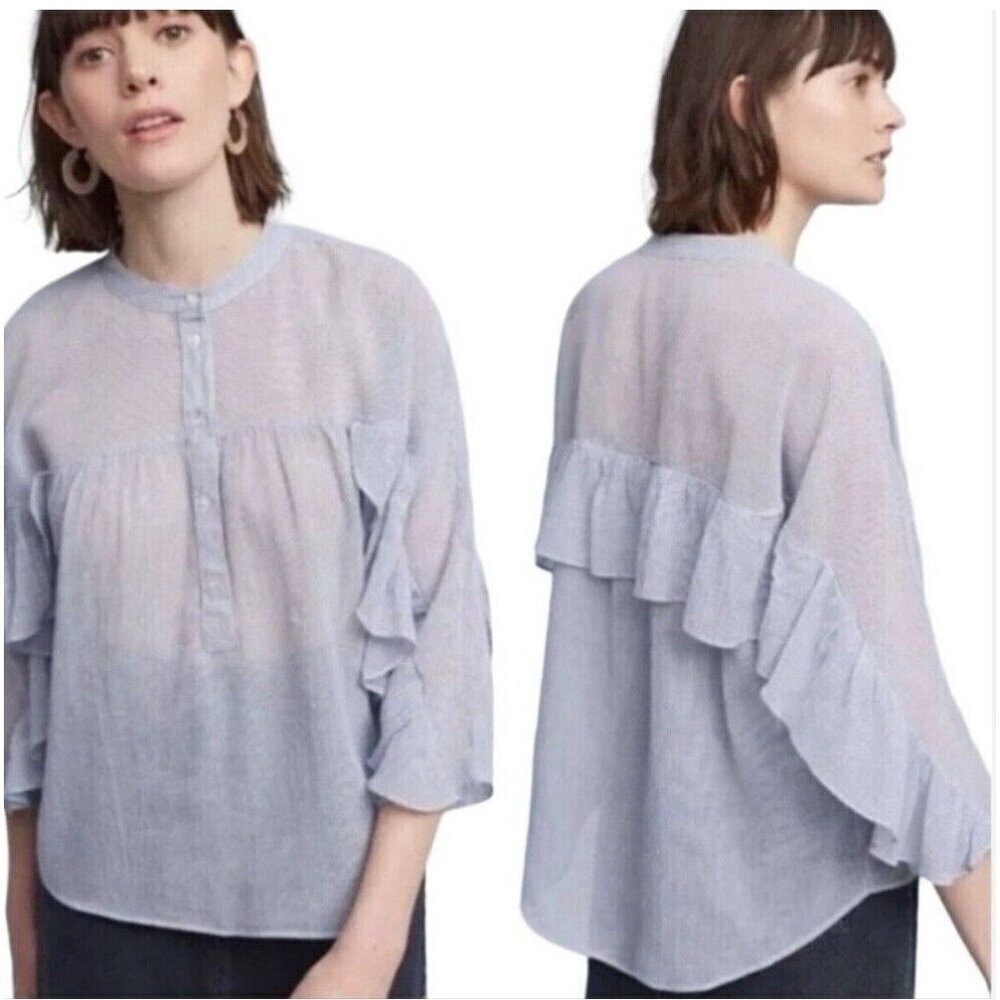 Maeve By Anthropologie Women’s Size Medium Popover Ruffled Blue Top Shirt Blouse - Picture 2 of 8